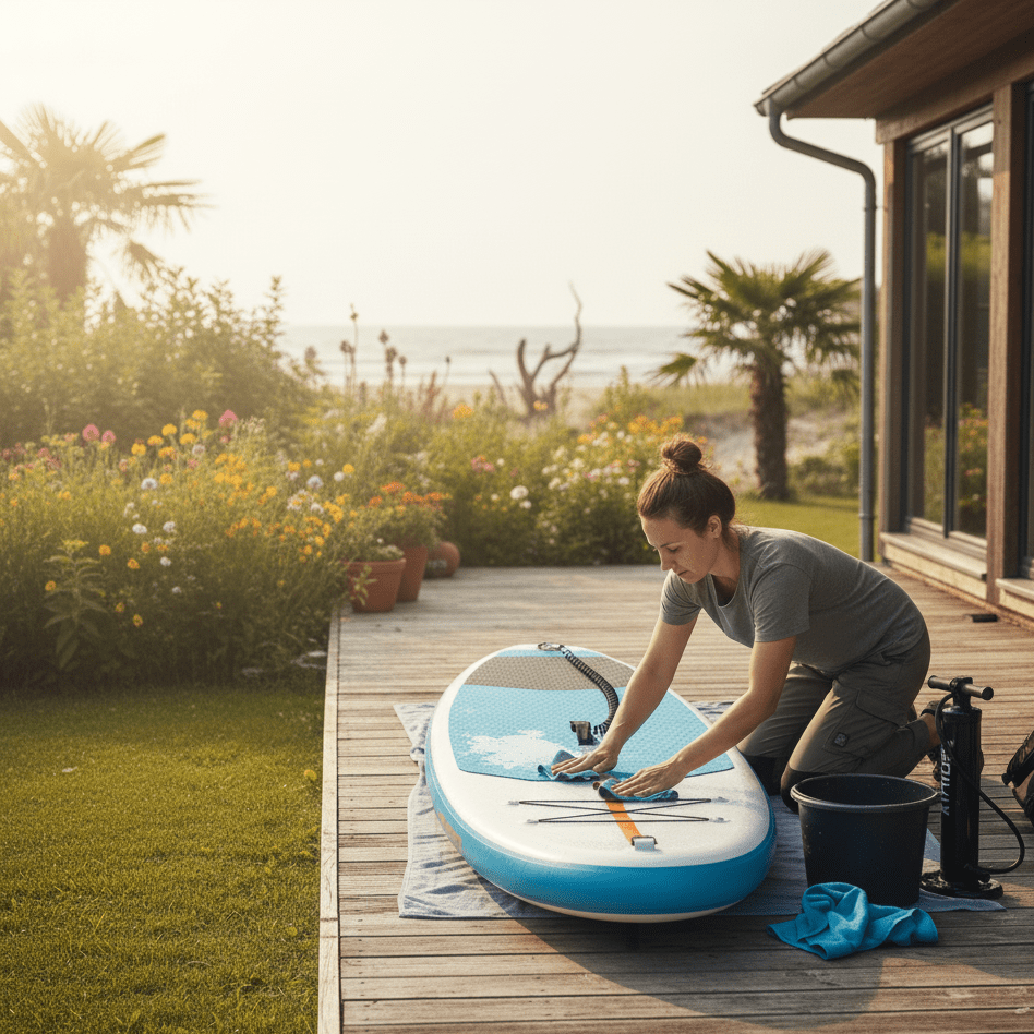 Tabla de paddle surf hinchable azul y blanca correctamente plegada junto a su mochila, el remo y el inflador antes de ser guardada